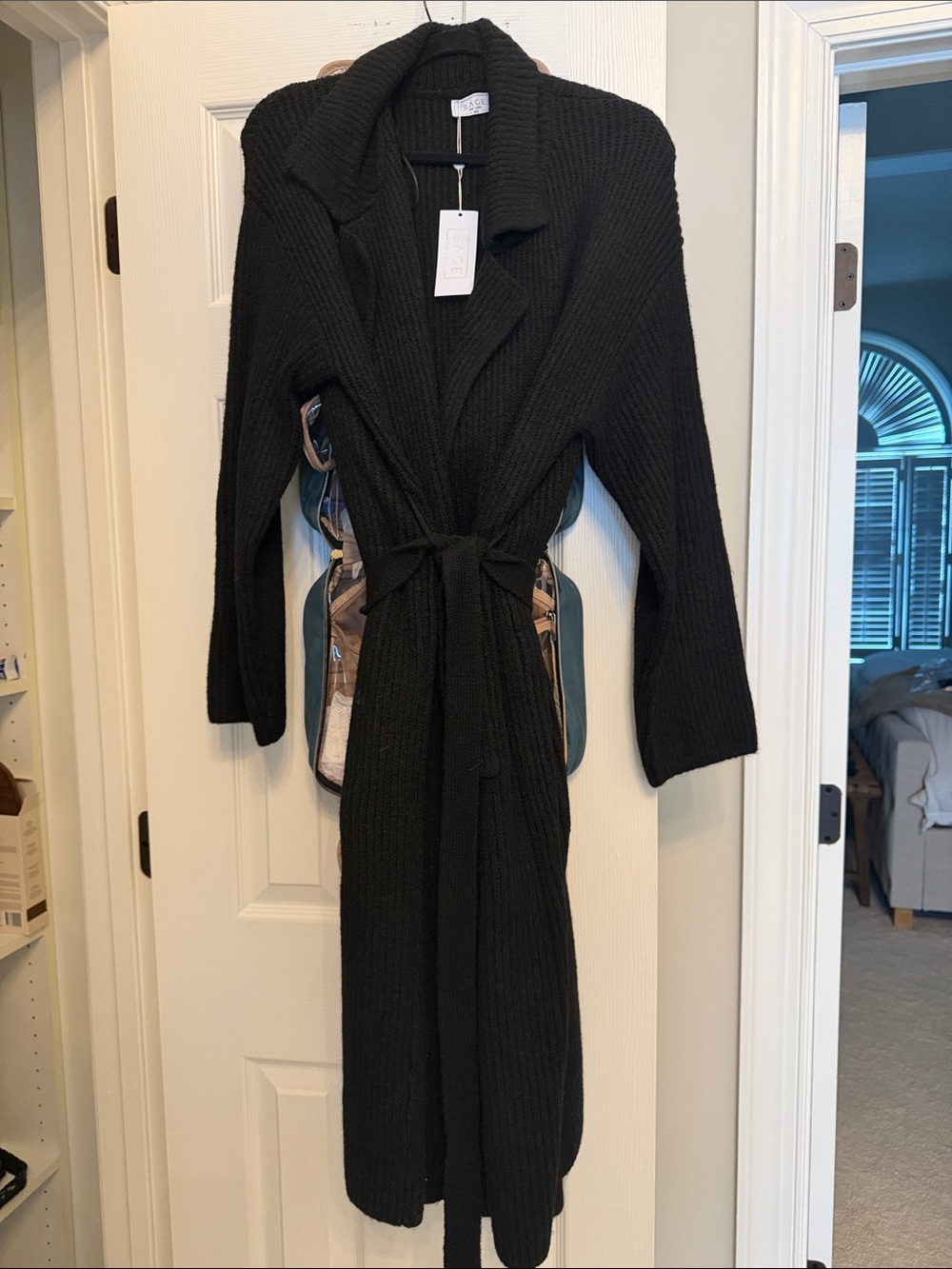Sage Black Ribbed Maxi Cardigan with Self Tie